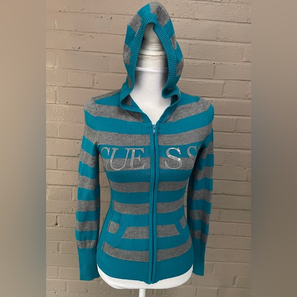 GUESS striped zip front sweater hoodie XS - Picture 4 of 15